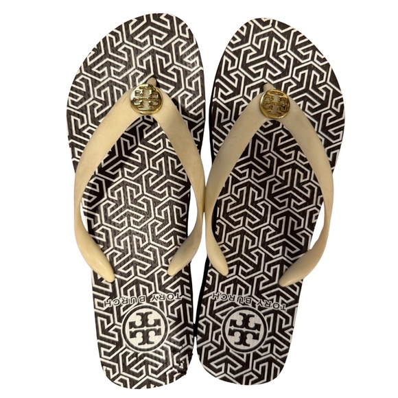 Tory Burch Brown & White Patterned Flip Flops, woman size 8, worn 2x - look new - Picture 3 of 4